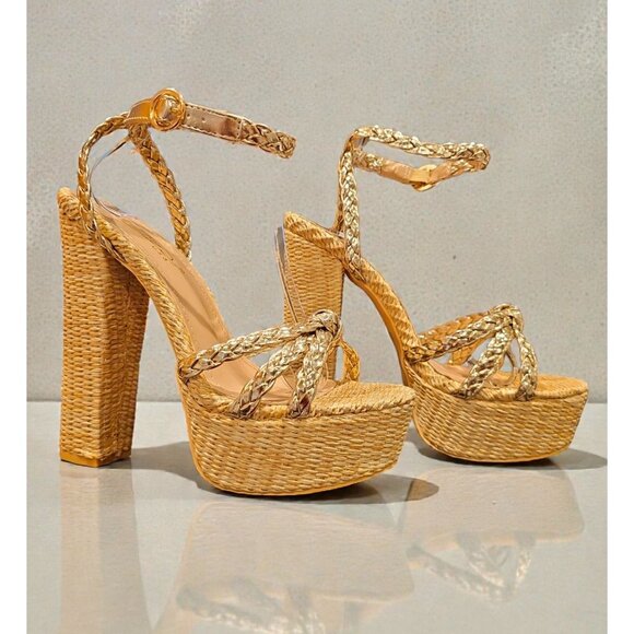 Shoes - Gold Braided Raffia Platform Heels With Ankle Strap Block Heel